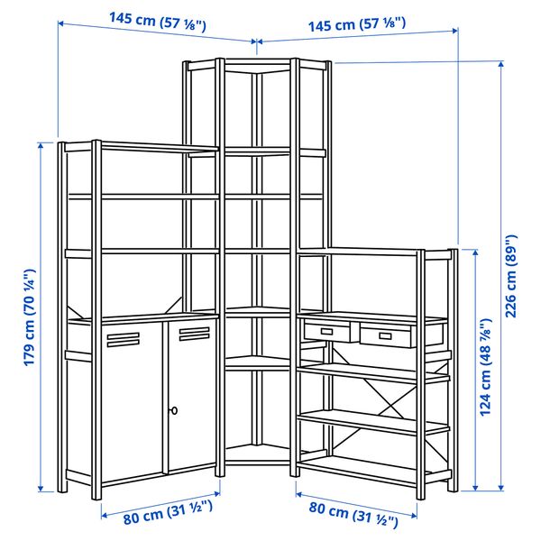 3 секции, угловой, 145, 145x30x226 см, сосна, белый IKEA IVAR ИВАР 792.482.15 - схема-чертеж с размерами