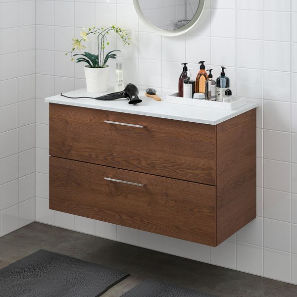 Шкаф для раковины с 2 ящ, под коричневый мореный ясень/под мрамор 102x49x60 см IKEA GODMORGON ГОДМОРГОН / TOLKEN ТОЛКЕН - фото 2