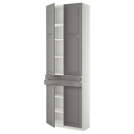 Высокий шкаф + полки, 2 ящика, 4 дверцы МЕТОД / МАКСИМЕРА, белый, Будбин серый (80x37x240 см)