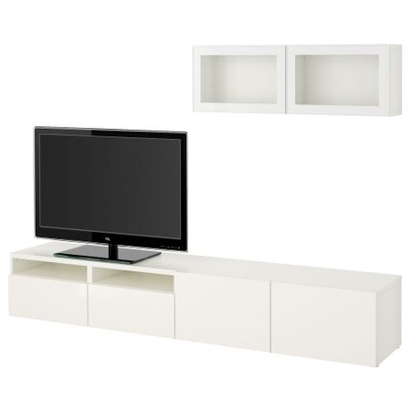 Шкаф для ТВ, комбинированный, стекляные дверцы БЕСТО, белый, Сельсвикен глянцевый/белый прозрачное стекло (240x20/40x166 см)