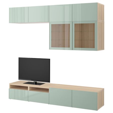 Шкаф для ТВ, комбинированный, стекляные дверцы БЕСТО, под беленый дуб Сельсвикен, глянцевый/серо-зеленый светлый прозрачное