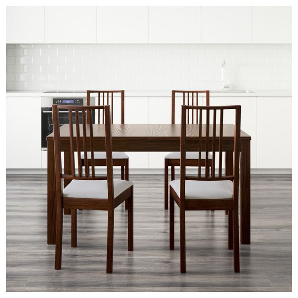 Стол и 4 стула БЬЮРСТА / БЁРЬЕ, коричневый, Гобо белый (140 см) - фото 2