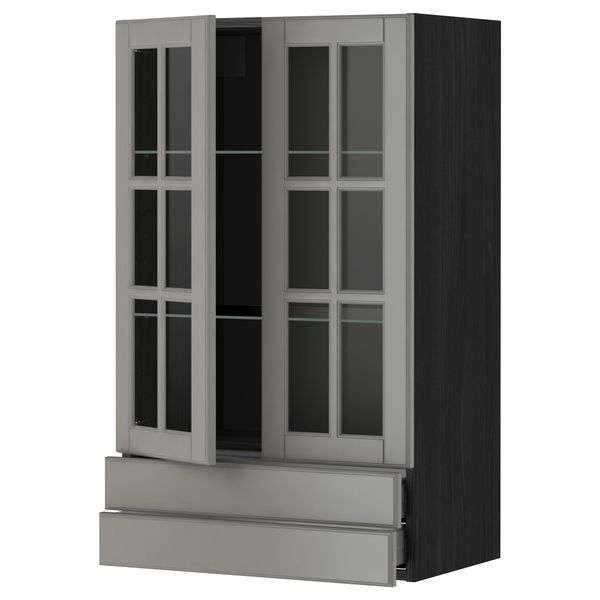 Навесной шкаф, 2 стеклянные дверцы, 2 ящика МЕТОД / МАКСИМЕРА, черный, Будбин серый - схема-чертеж с размерами