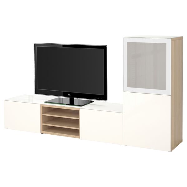 Шкаф для ТВ, комбинированный, стекляные дверцы БЕСТО, под беленый дуб под беленый дуб, Сельсвикен глянцевый/белый матовое стекло - фото 1