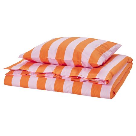 SLÅNHÖSTMAL Пододеяльник и наволочка - оранжевый/розовый/в полоску 150x200/50x60 см
