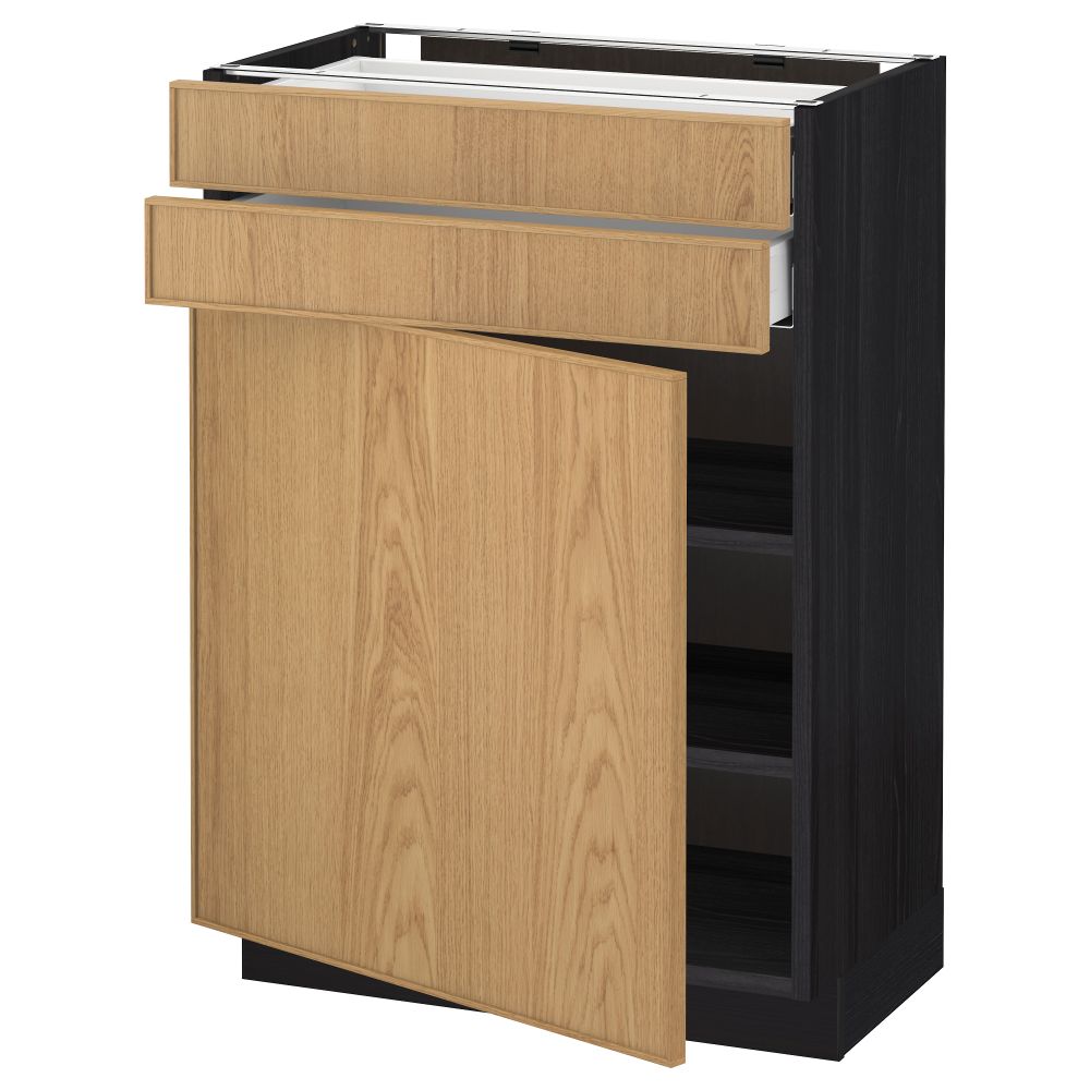 Напольный шкаф с дверцей, 2 ящиками МЕТОД / МАКСИМЕРА, черный, Экестад дуб - схема-чертеж с размерами