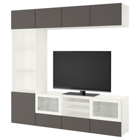 Шкаф для ТВ, комбинированный, стекляные дверцы БЕСТО, белый Грундсвикен, темно-серый прозрачное стекло (240x40x230 см)