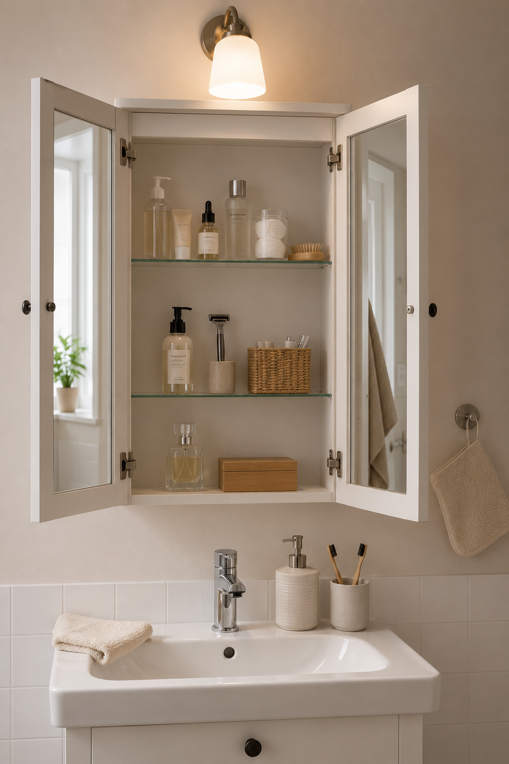 Зеркальный шкаф HEMNES с открытыми дверцами, полки для косметики и средств