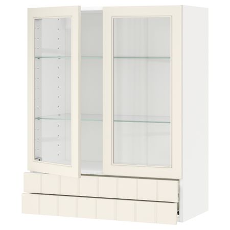 Навесной шкаф, 2 стеклянные дверцы, 2 ящика МЕТОД / ФОРВАРА, белый, Хитарп белый с оттенком