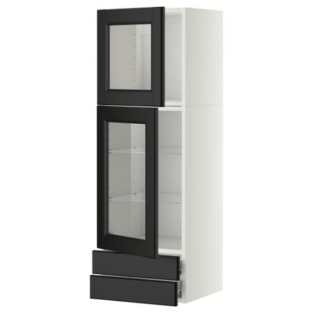 Навесной шкаф, 2 стеклянные дверцы, 2 ящика МЕТОД / ФОРВАРА, белый, Лаксарби черно-коричневый черно-коричневый