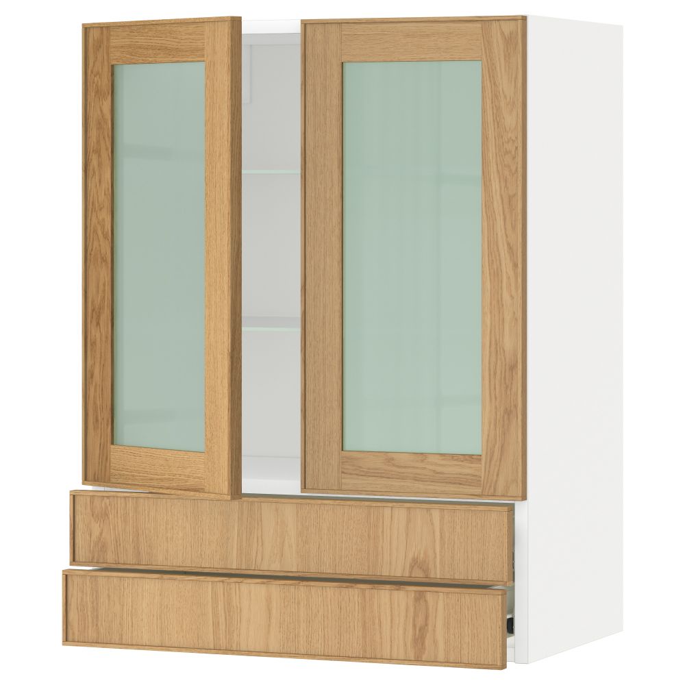 Навесной шкаф, 2 стеклянные дверцы, 2 ящика МЕТОД / ФОРВАРА, белый, Экестад дуб - схема-чертеж с размерами