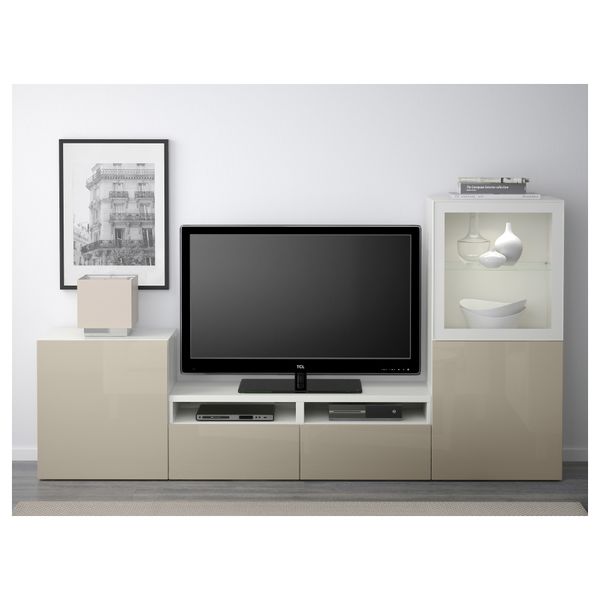 Шкаф для ТВ, комбинированный, стекляные дверцы БЕСТО, белый, Сельсвикен глянцевый/бежевый прозрачное стекло (240x40x128 см) - фото 2