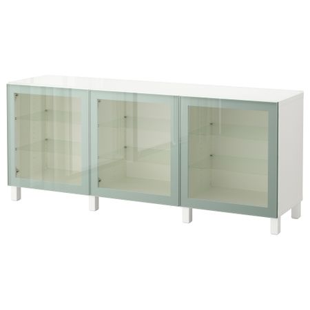 Комбинация для хранения с дверцами БЕСТО, белый Глассвик, глянцевый/серо-зеленый светлый прозрачное стекло (180x40x74 см)