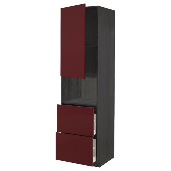 Высокий шкаф для СВЧ/дверца/2ящика, черный Калларп/глянцевый темный красно-коричневый 60x60x220 см IKEA МЕТОД / МАКСИМЕРА - схема-чертеж с размерами
