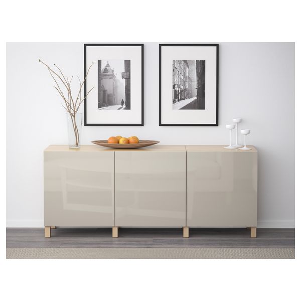 Комбинация для хранения с дверцами БЕСТО, под беленый дуб, Сельсвикен глянцевый/бежевый (180x40x74 см) - фото 2