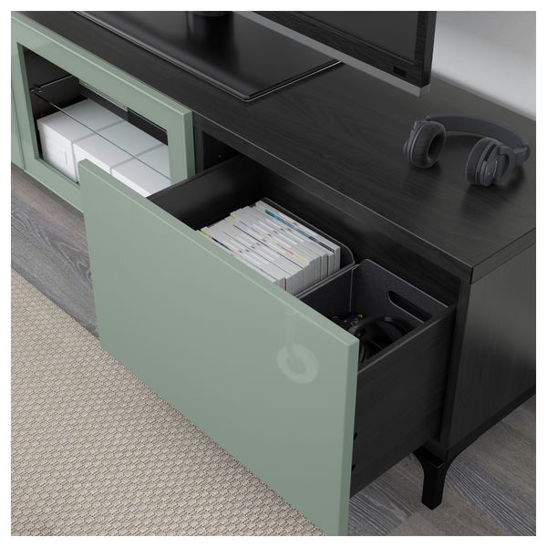 Тумба под ТВ с ящиками и дверцей БЕСТО, черно-коричневый Сельсвикен, глянцевый/серо-зеленый светлый прозрачное стекло (180x40x48 - фото 3