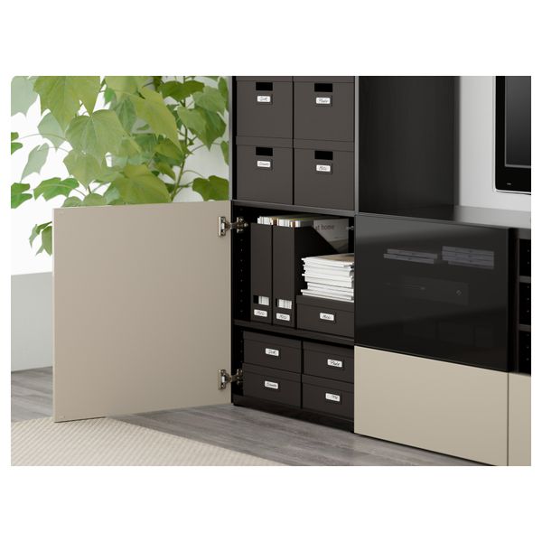 Шкаф для ТВ, комбинированный, стекляные дверцы БЕСТО, черно-коричневый, Сельсвикен глянцевый/бежевый/дымчатое стекло (240x40x230 - фото 3