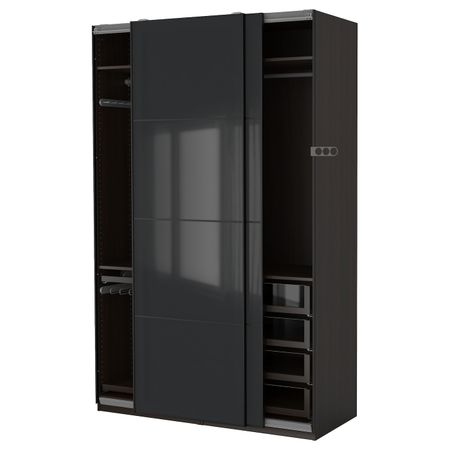 Гардероб, черно-коричневый, Уггдаль серое стекло, 150x66x236 см IKEA ПАКС 093.063.17