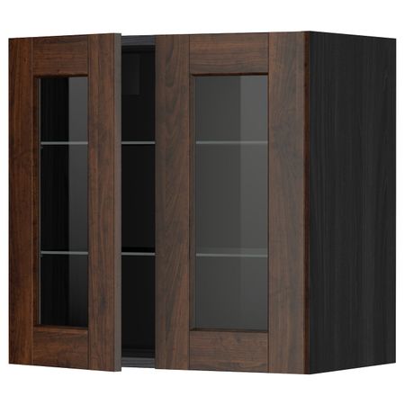 Навесной шкаф с полками, 2 стекло дв, черный/Эдсерум коричневый 60x60 см IKEA МЕТОД 792.267.70
