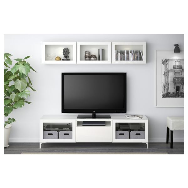 Шкаф для ТВ, комбинированный, стекляные дверцы БЕСТО, белый, Сельсвикен глянцевый/белый прозрачное стекло (180x20/40x166 см) - фото 2