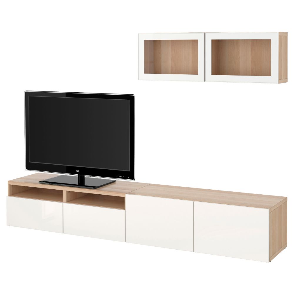 Шкаф для ТВ, комбинированный, стекляные дверцы БЕСТО, под беленый дуб, Сельсвикен глянцевый/белый прозрачное стекло - фото 1