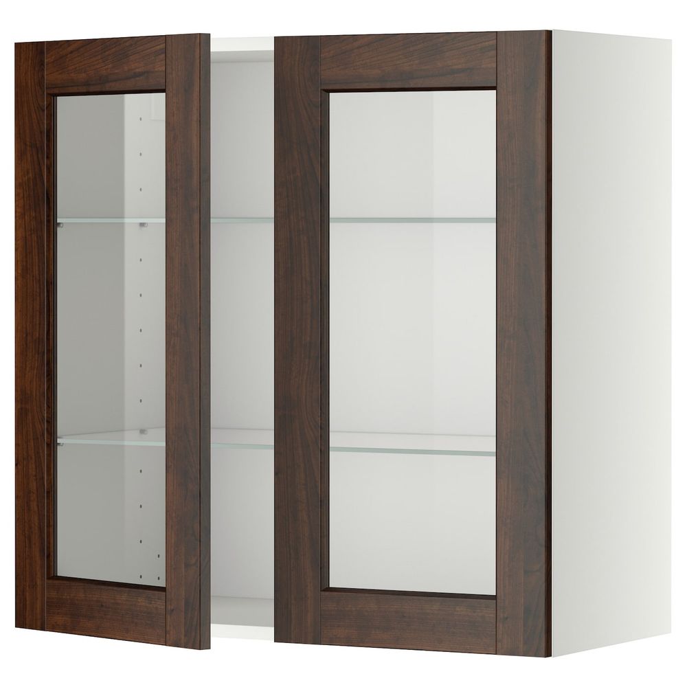 Навесной шкаф с полками, 2 стекло дв, белый/Эдсерум коричневый 80x80 см IKEA METOD МЕТОД 492.268.42 - фото 1