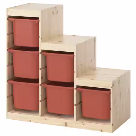 TROFAST Комбинация д/хранения+контейнеры - светлая беленая сосна/красный 94x44x91 см