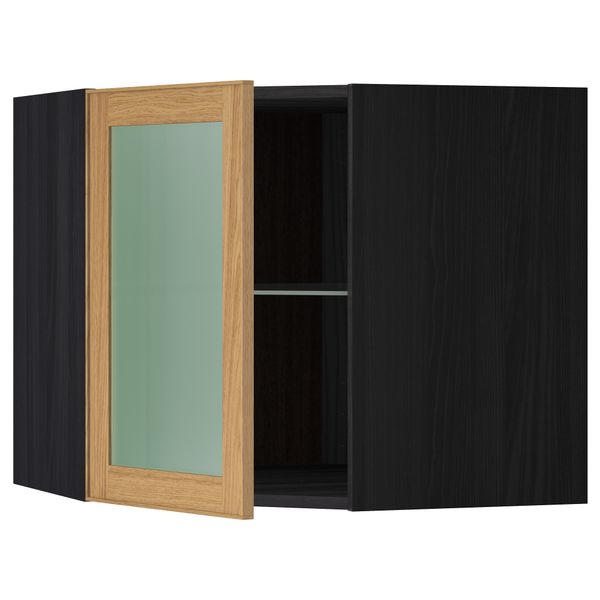 Угловой навесной шкаф с полками, стекляными дверцами МЕТОД, черный, Экестад дуб - схема-чертеж с размерами
