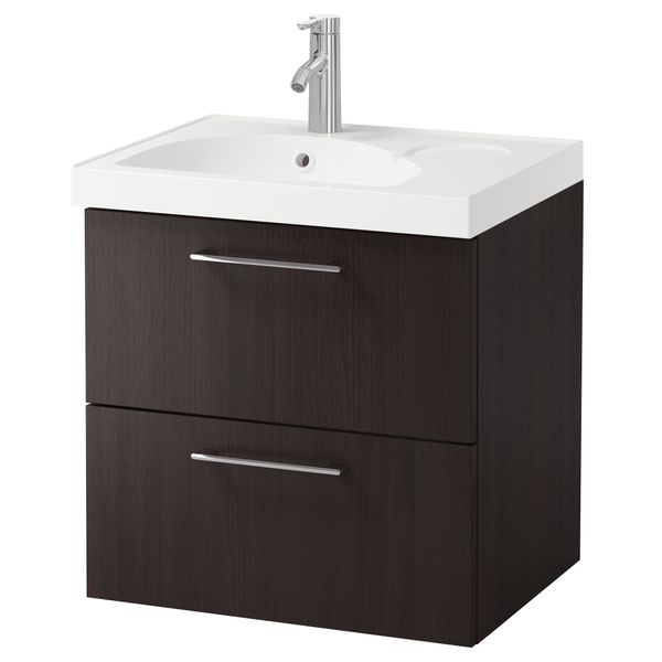 Шкаф для раковины с 2 ящиками ГОДМОРГОН, черно-коричневый (60x49x64 см) - фото 2