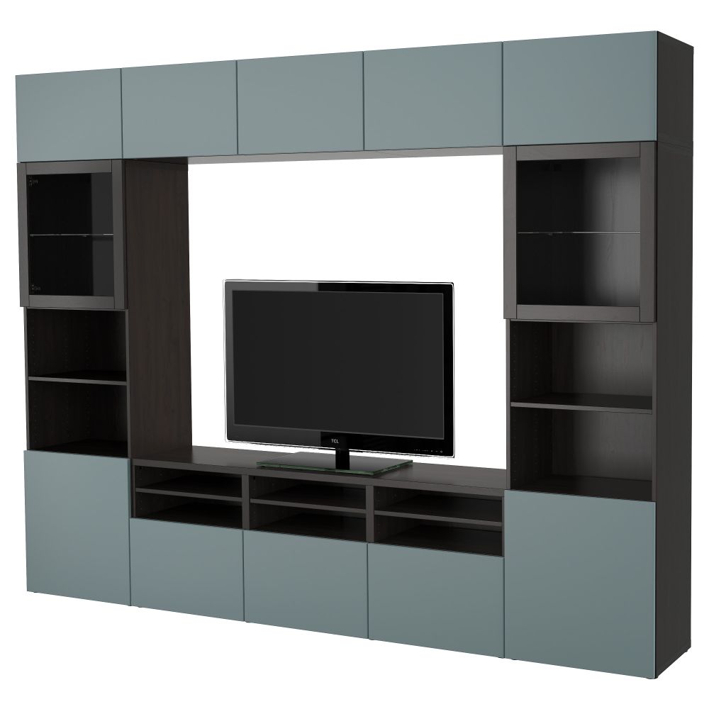 Шкаф для ТВ, комбинированный, стекляные дверцы БЕСТО, черно-коричневый, Вальвикен серо-бирюзовый, прозрачное стекло (300x40x230 - фото 1