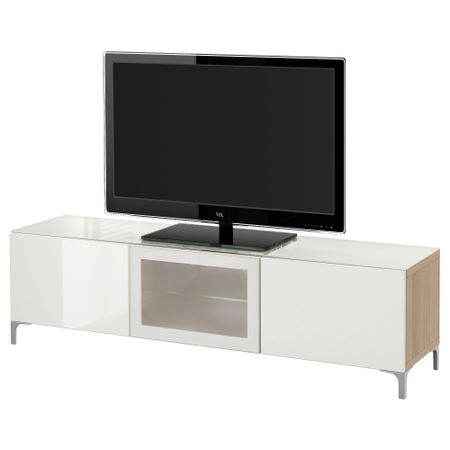 Тумба под ТВ, с дверцами БЕСТО, под беленый дуб, Сельсвикен глянцевый/белый матовое стекло