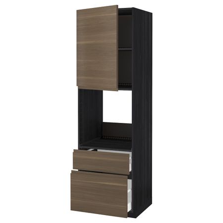 Высокий шкаф для духовки + дверца, 2 фронтальные панели, 1 средняя, 1 встроенный ящ, черный/Воксторп грецкий орех 60x60x200 см