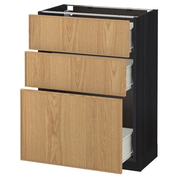 Напольный шкаф с 3 ящиками МЕТОД / ФОРВАРА, черный, Экестад дуб - схема-чертеж с размерами