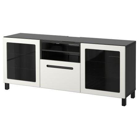 Тумба под ТВ БЕСТО, черно-коричневый, Марвикен белый прозрачное стекло (180x40x74 см)