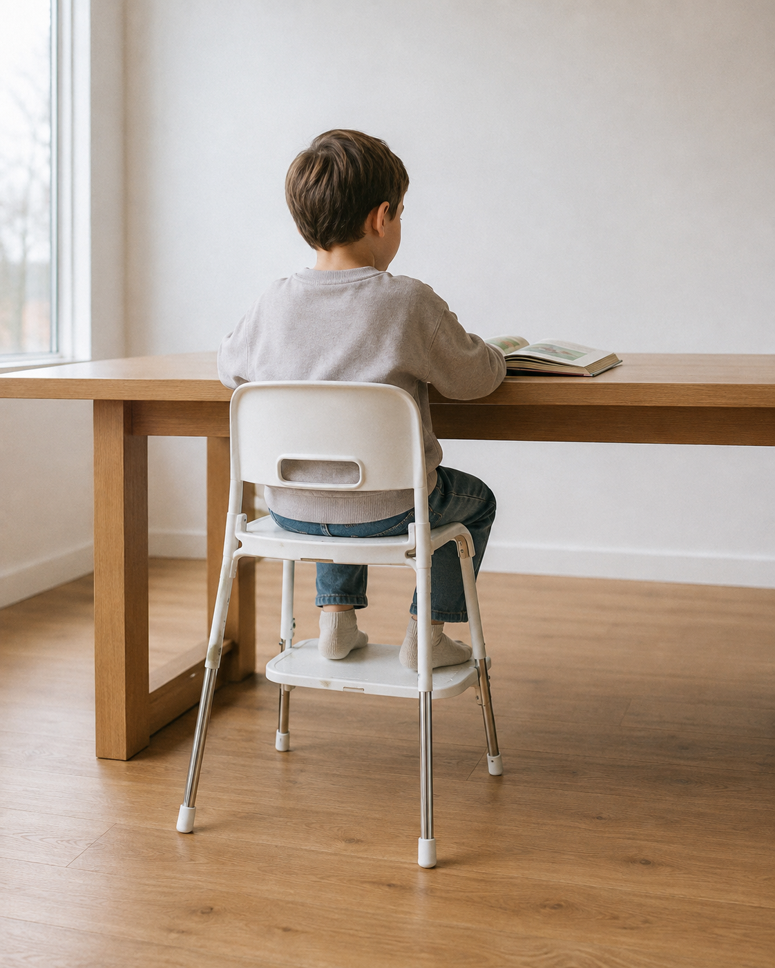 Стул IKEA AGAM: дошкольник сидит за взрослым столом, подножка регулируется