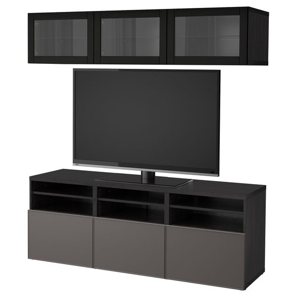 Шкаф для ТВ, комбинированный, стекляные дверцы БЕСТО, черно-коричневый Грундсвикен, темно-серый прозрачное стекло (180x40x192 - фото 1