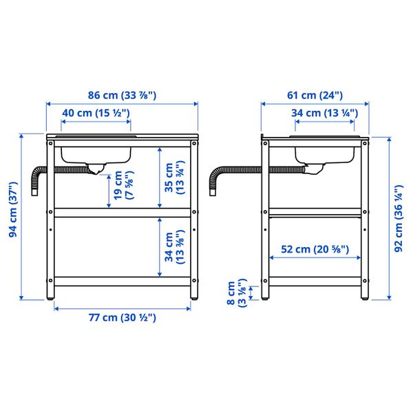 Модуль с мойкой, черный/нержавеющая сталь для сада 86x61 см IKEA GRILLSKÄR ГРИЛЛЬСКЭР 204.889.19 - схема-чертеж с размерами