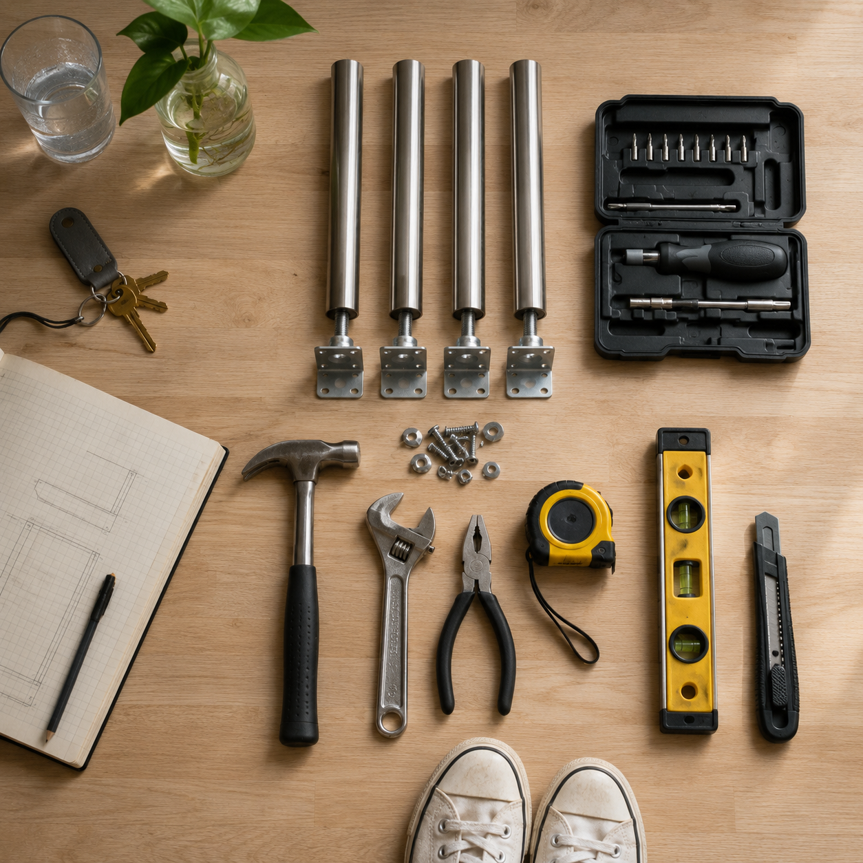Набор инструментов IKEA FIXA и четыре ножки OLOV разложены на верстаке сверху