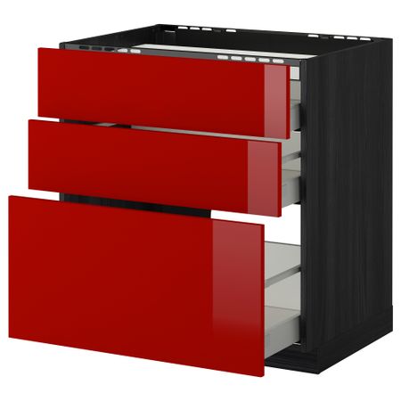 Напольный шкаф, 3 фронтальных панели, 3 ящика МЕТОД / МАКСИМЕРА, черный, Рингульт красный