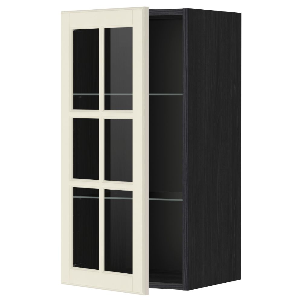 Навесной шкаф с полками, стекляными дверцы МЕТОД, черный, Будбин белый с оттенком - схема-чертеж с размерами