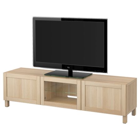 Тумба под ТВ с ящиками и дверцей БЕСТО, Ханвикен под беленый дуб, прозрачное стелко (180x40x48 см)