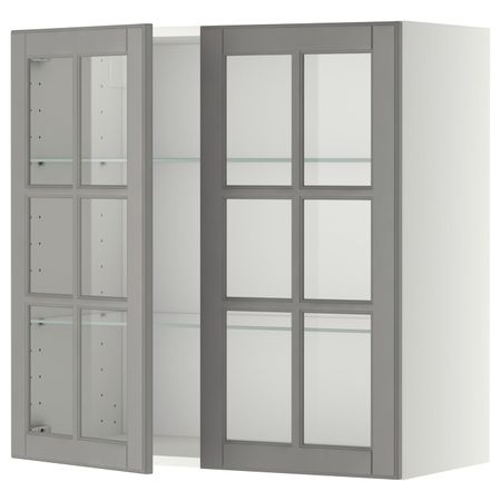 Навесной шкаф с полками, 2 стекло дв, белый/Будбин серый 80x80 см IKEA METOD МЕТОД 892.270.81