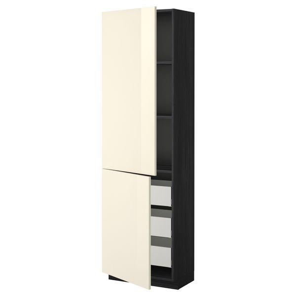 Высокий шкаф + полки, 3 ящика, 2 дверцы МЕТОД / МАКСИМЕРА, черный, Рингульт кремовый - фото 1
