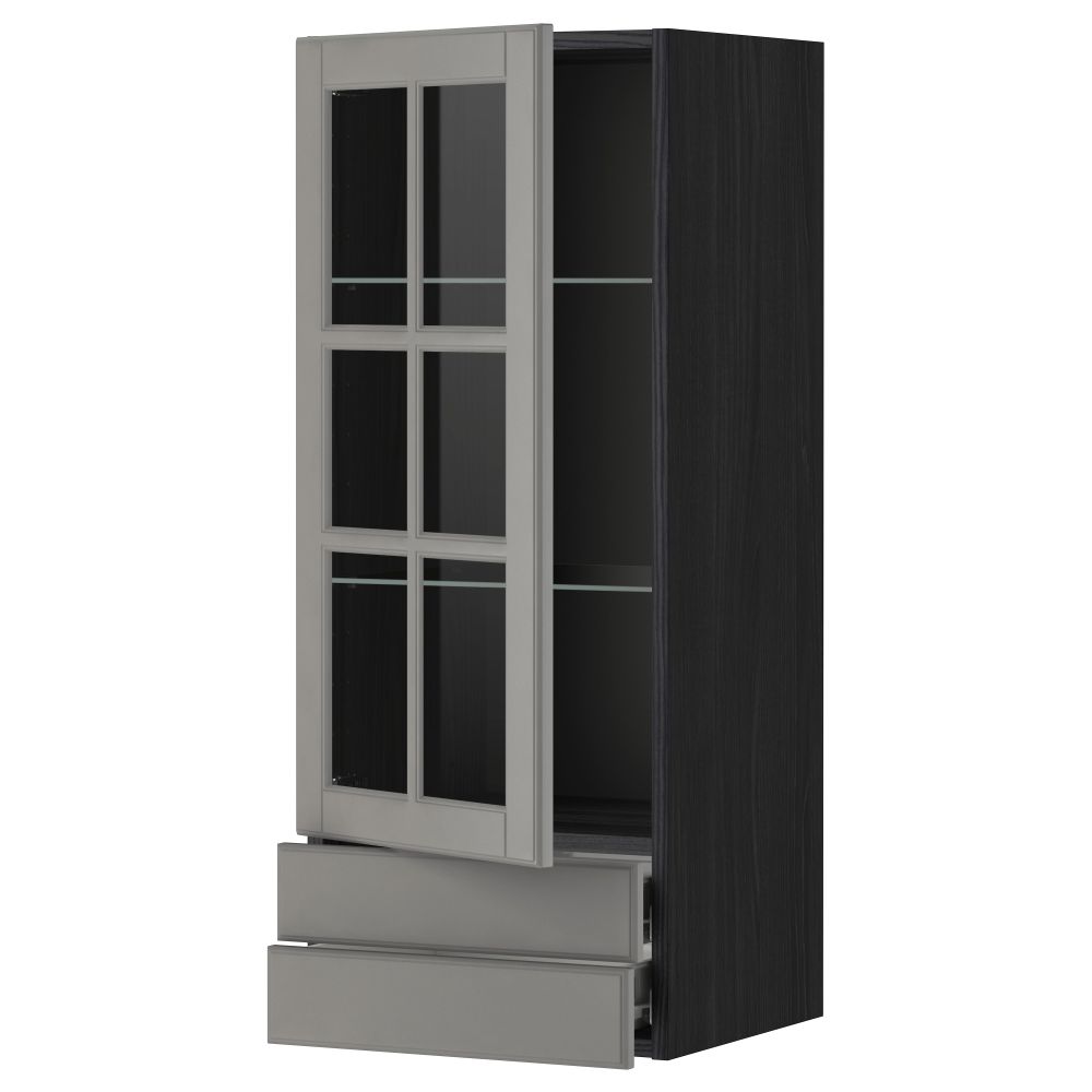 Навесной шкаф, стеклянная дверца, 2 ящика МЕТОД / ФОРВАРА, черный, Будбин серый - фото 1