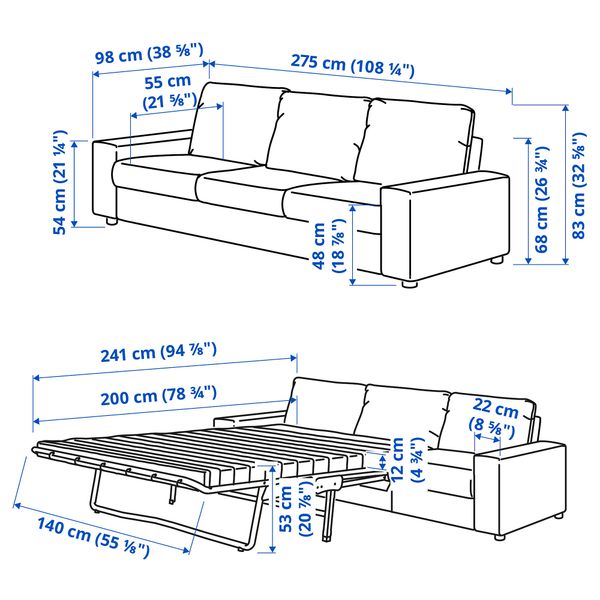 3-местный диван-кровать, с широкими подлокотниками, Hallarp серый IKEA VIMLE ВИМЛЕ 894.190.61 - схема-чертеж с размерами
