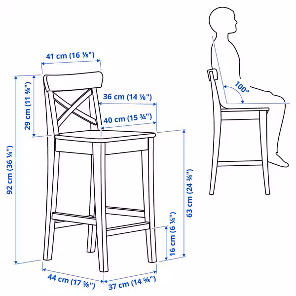 ROSENTORP РОЗЕНТОРП Стул барный - черный/черный 63 см - схема-чертеж с размерами