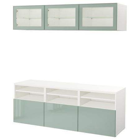 Шкаф для ТВ, комбинированный, стекляные дверцы, белый Сельсвикен, глянцевый/серо-зеленый светлый прозрачное стекло, 180x40x192