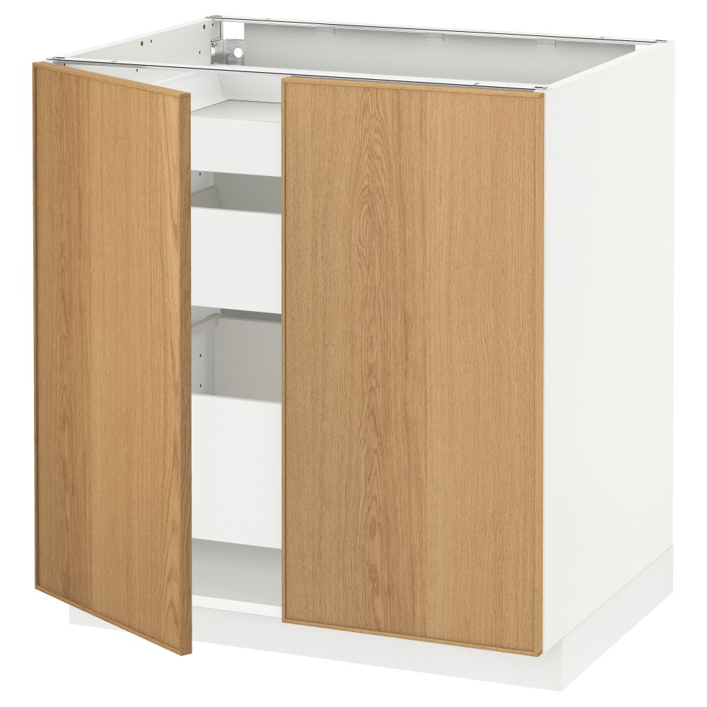 Напольный шкаф с 2 дверцами, 3 ящиками МЕТОД / МАКСИМЕРА, белый, Экестад дуб (80x60 см) - схема-чертеж с размерами