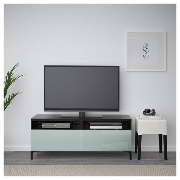 Тумба для ТВ с ящиками БЕСТО, черно-коричневый, Сельсвикен глянцевый/серо-зеленый светлый (120x40x48 см) - фото 2