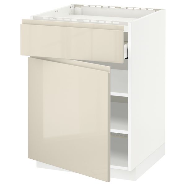 Напольный шкаф для варочной панели, ящик, полка, дверцы МЕТОД / МАКСИМЕРА, белый, Воксторп глянцевый светло-бежевый (60x60 см) - схема-чертеж с размерами